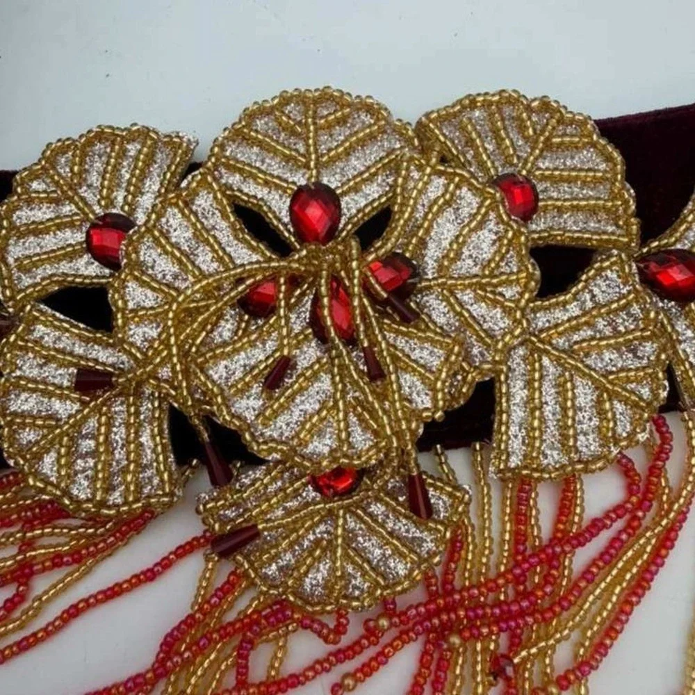 Luxury Embellished Belly Dance Costume Set – Burgundy & Gold – Festival Outfit - Picture 7 of 8